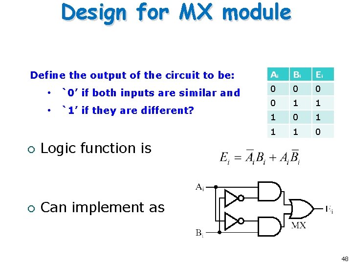 Design for MX module Define the output of the circuit to be: • `0’