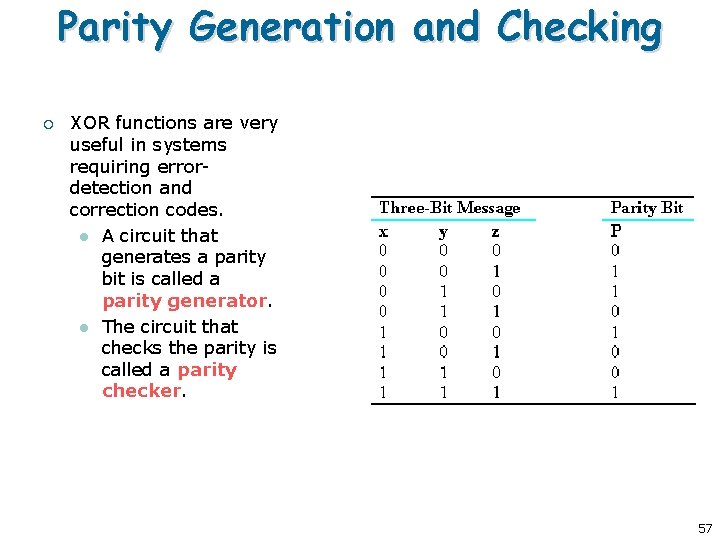 Parity Generation and Checking ¡ XOR functions are very useful in systems requiring errordetection