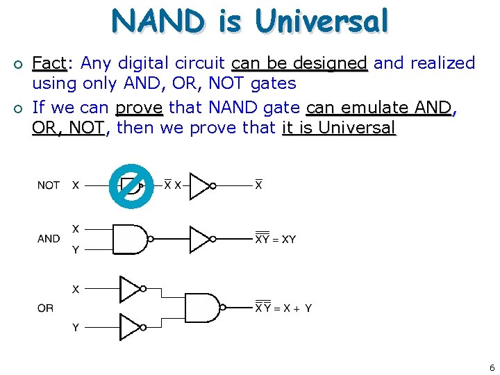 NAND is Universal ¡ ¡ Fact: Fact Any digital circuit can be designed and