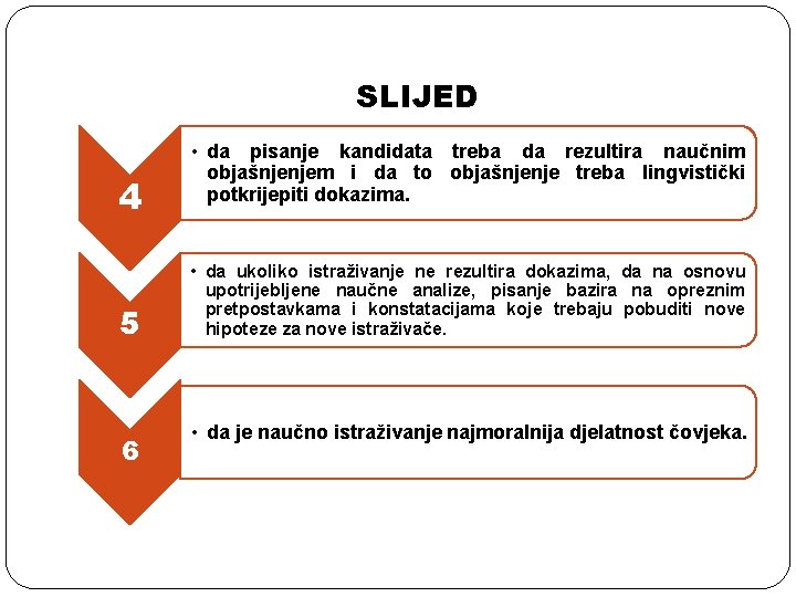 SLIJED 4 5 6 • da pisanje kandidata treba da rezultira naučnim objašnjenjem i