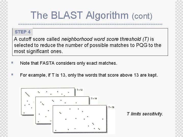 The BLAST Algorithm (cont) STEP 4 A cutoff score called neighborhood word score threshold