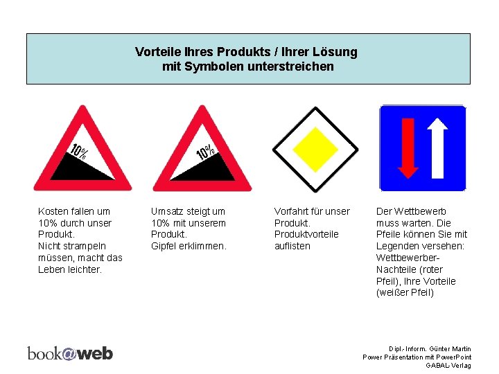 Vorteile Ihres Produkts / Ihrer Lösung mit Symbolen unterstreichen Kosten fallen um 10% durch