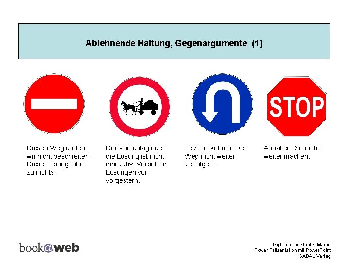 Ablehnende Haltung, Gegenargumente (1) Diesen Weg dürfen wir nicht beschreiten. Diese Lösung führt zu