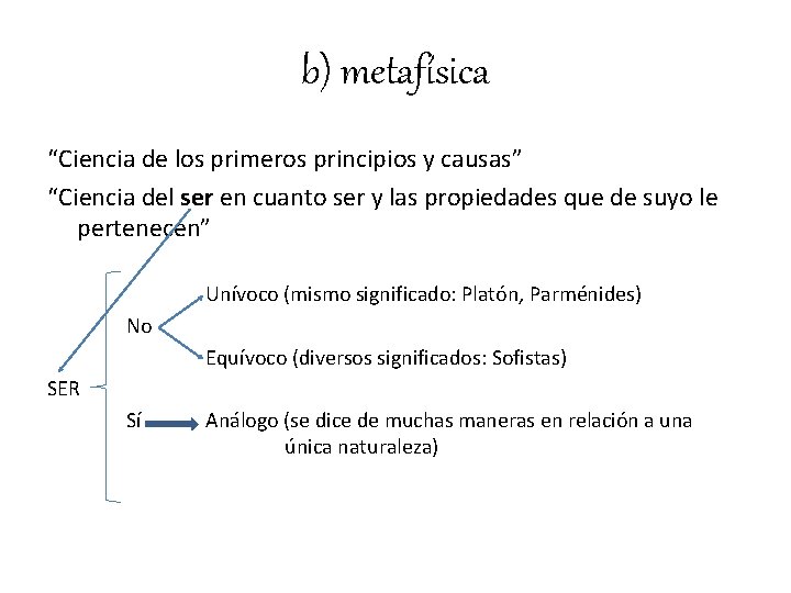 b) metafísica “Ciencia de los primeros principios y causas” “Ciencia del ser en cuanto