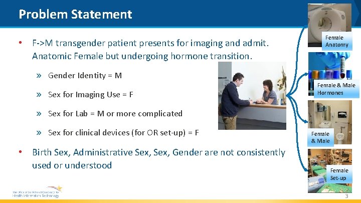 Problem Statement • F->M transgender patient presents for imaging and admit. Anatomic Female but