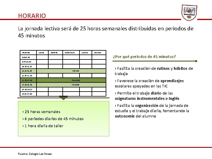 HORARIO La jornada lectiva será de 25 horas semanales distribuidas en periodos de 45