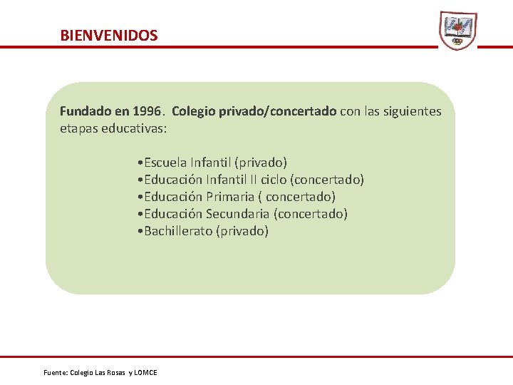 BIENVENIDOS Fundado en 1996. Colegio privado/concertado con las siguientes etapas educativas: • Escuela Infantil