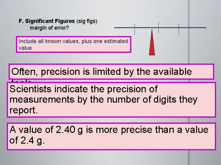 F. Significant Figures (sig figs) margin of error? Include all known values, plus one