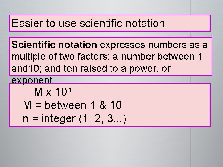 Easier to use scientific notation Scientific notation expresses numbers as a multiple of two