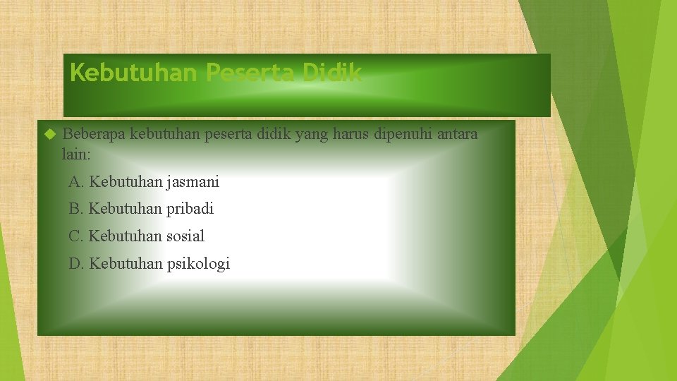 Kebutuhan Peserta Didik Beberapa kebutuhan peserta didik yang harus dipenuhi antara lain: A. Kebutuhan