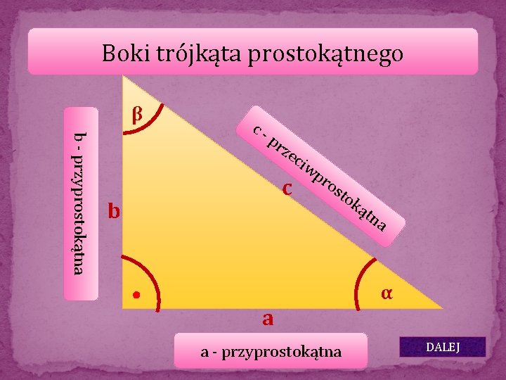 Boki trójkąta prostokątnego β b - przyprostokątna c- pr ze c b ciw pr