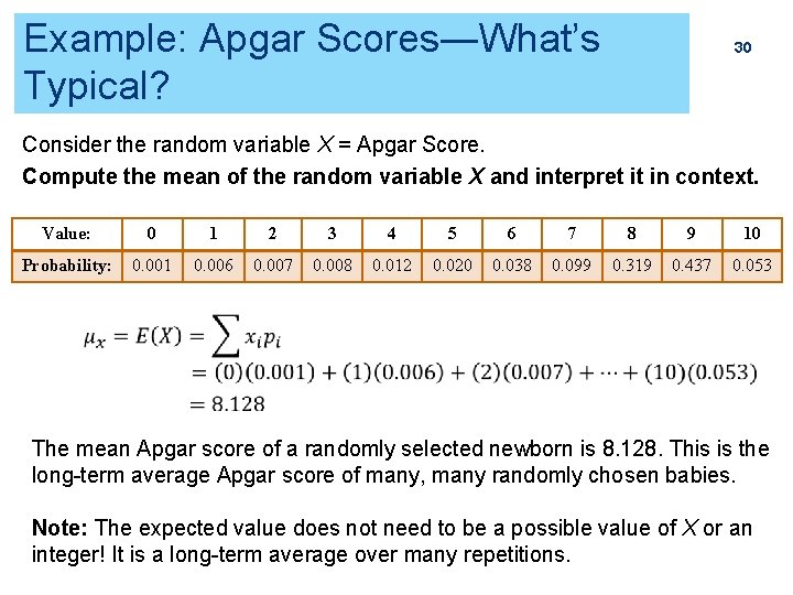 Example: Apgar Scores―What’s Typical? 30 Consider the random variable X = Apgar Score. Compute