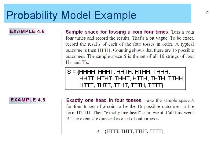 Probability Model Example S = {HHHH, HHHT, HHTH, HTHH, THHH, HHTT, HTHT, THHT, HTTH,