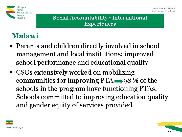 Social Accountability : International Experiences Malawi § Parents and children directly involved in school