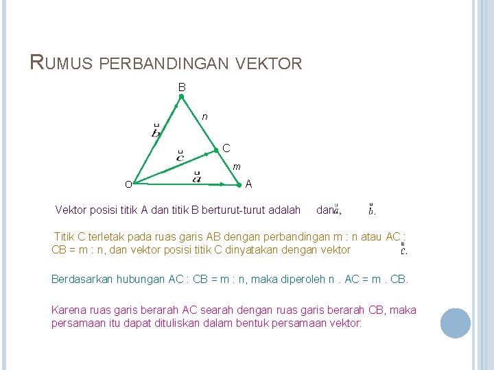 RUMUS PERBANDINGAN VEKTOR B n C m O A Vektor posisi titik A dan