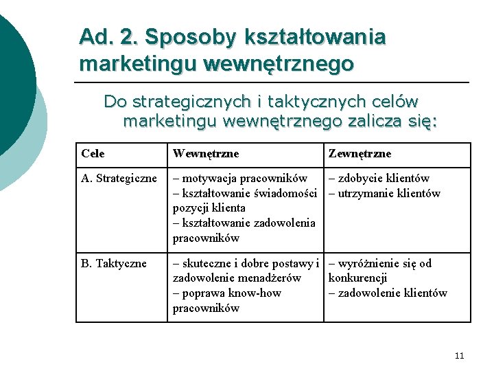 Ad. 2. Sposoby kształtowania marketingu wewnętrznego Do strategicznych i taktycznych celów marketingu wewnętrznego zalicza