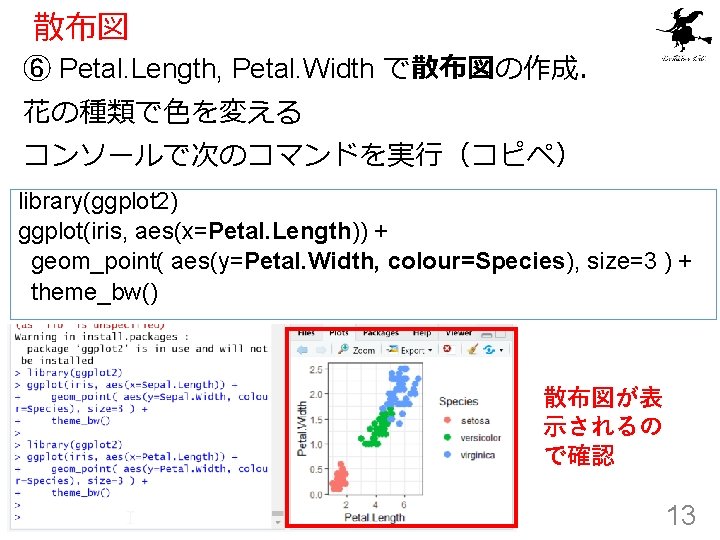 散布図 ⑥ Petal. Length, Petal. Width で散布図の作成． 花の種類で色を変える コンソールで次のコマンドを実行（コピペ） library(ggplot 2) ggplot(iris, aes(x=Petal. Length))