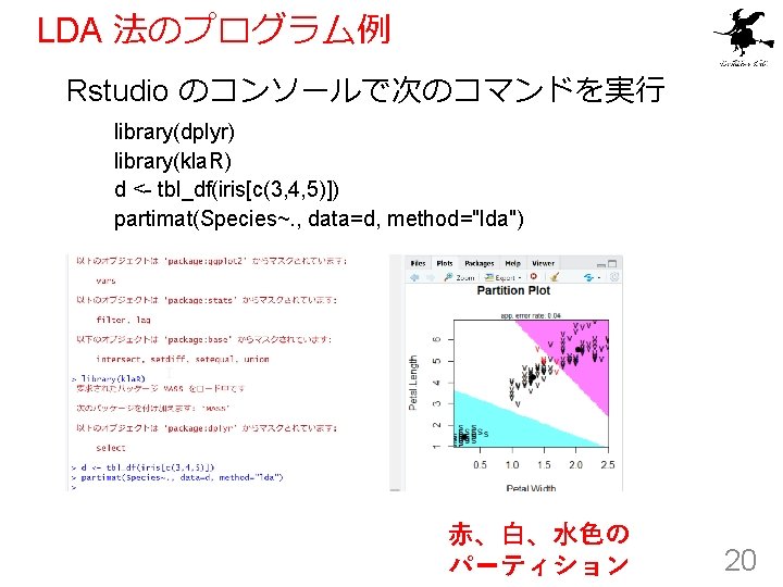 LDA 法のプログラム例 Rstudio のコンソールで次のコマンドを実行 library(dplyr) library(kla. R) d <- tbl_df(iris[c(3, 4, 5)]) partimat(Species~. ,