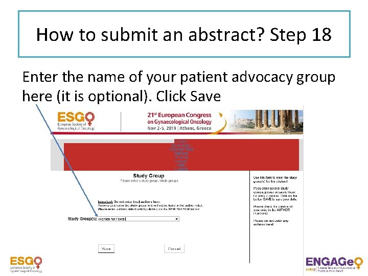 How to submit an abstract? Step 18 Enter the name of your patient advocacy