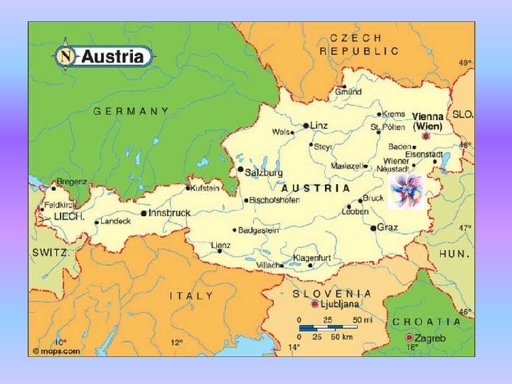 GEOGRAFSKI POLOŽAJ • Austrija graniči s Lihtenštajnom i Švicarskom na zapadu, Italijom i Slovenijom