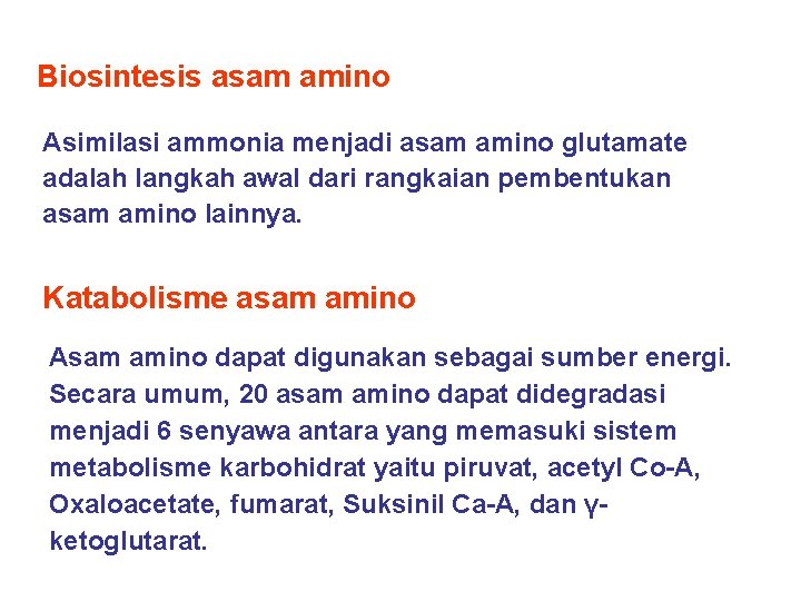 Biosintesis asam amino Asimilasi ammonia menjadi asam amino glutamate adalah langkah awal dari rangkaian