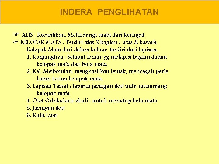 INDERA PENGLIHATAN ALIS : Kecantikan, Melindungi mata dari keringat KELOPAK MATA : Terdiri atas