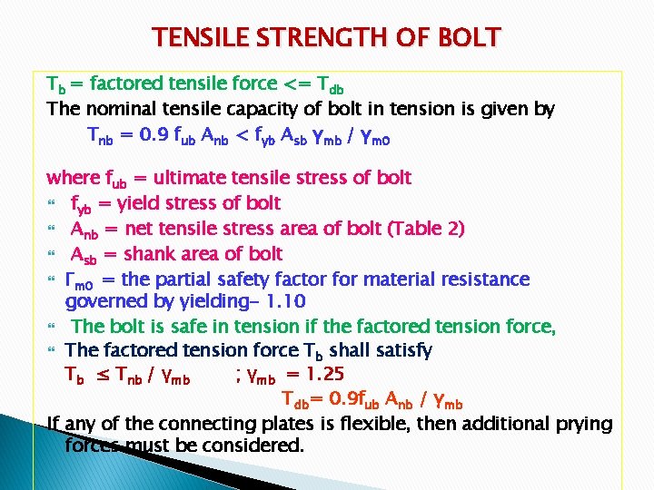 TENSILE STRENGTH OF BOLT Tb = factored tensile force <= Tdb The nominal tensile