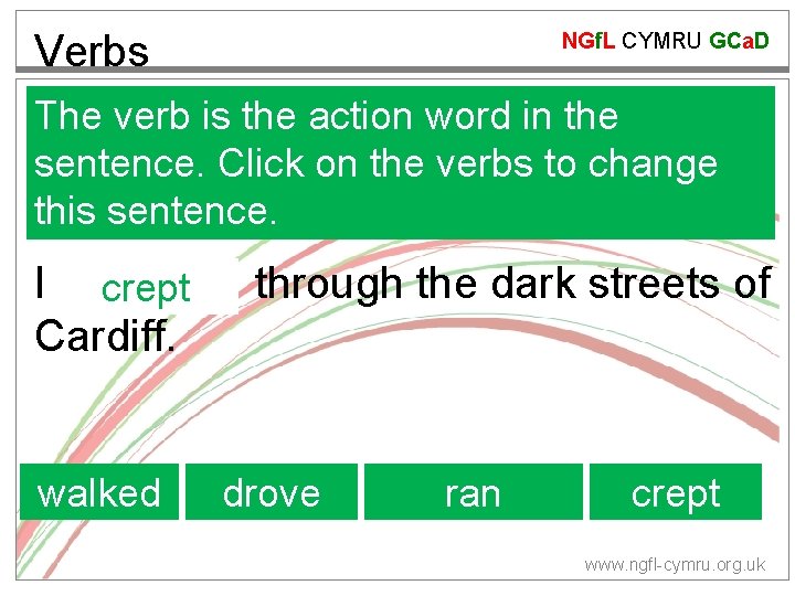 Verbs NGf. L CYMRU GCa. D The verb is the action word in the