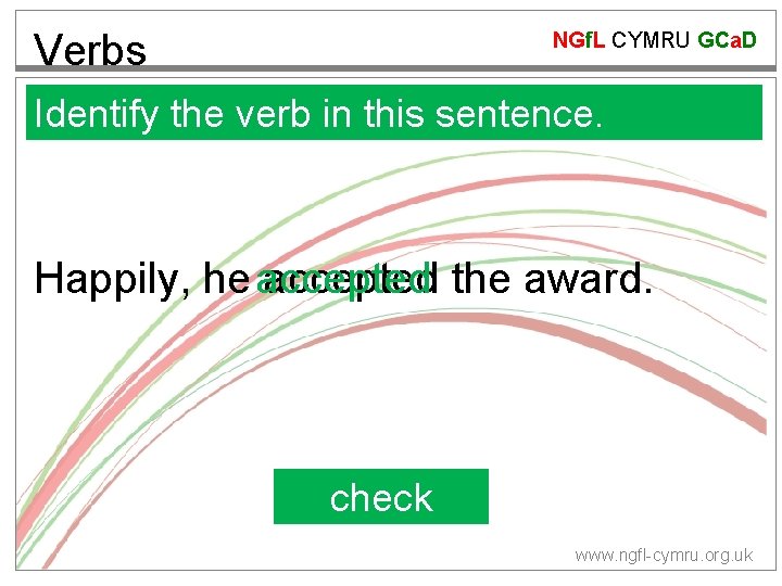 Verbs NGf. L CYMRU GCa. D Identify the verb in this sentence. Happily, he