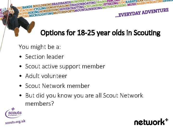 Options for 18 -25 year olds in Scouting You might be a: • Section