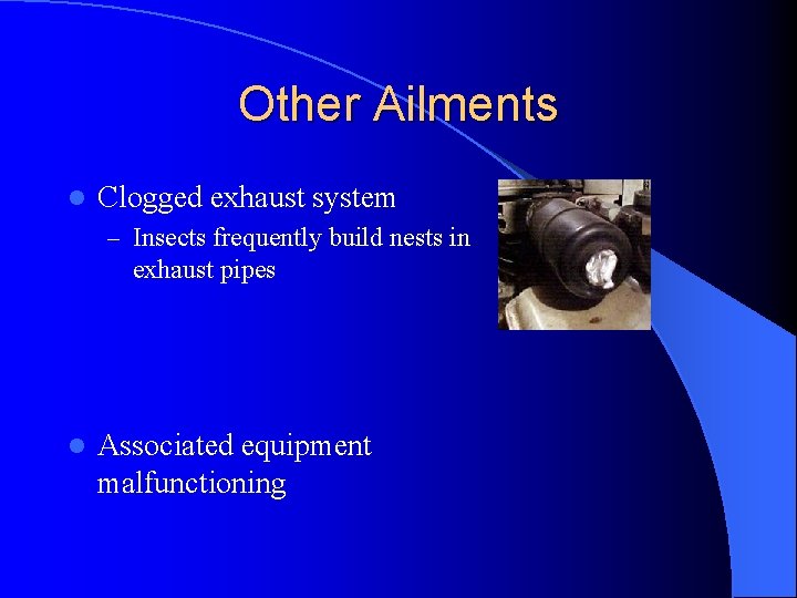 Other Ailments l Clogged exhaust system – Insects frequently build nests in exhaust pipes