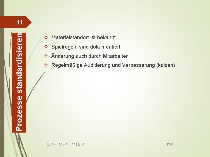 Prozesse standardisieren 11 Materialstandort ist bekannt Spielregeln sind dokumentiert Änderung auch durch Mitarbeiter Regelmäßige