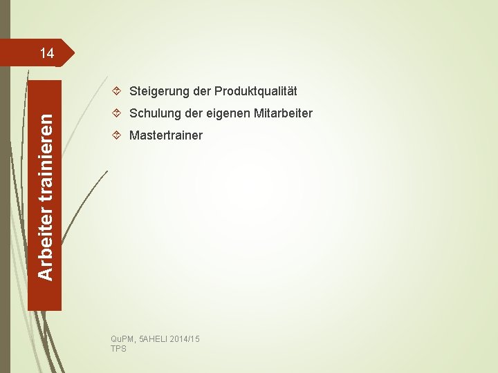 14 Arbeiter trainieren Steigerung der Produktqualität Schulung der eigenen Mitarbeiter Mastertrainer Qu. PM, 5