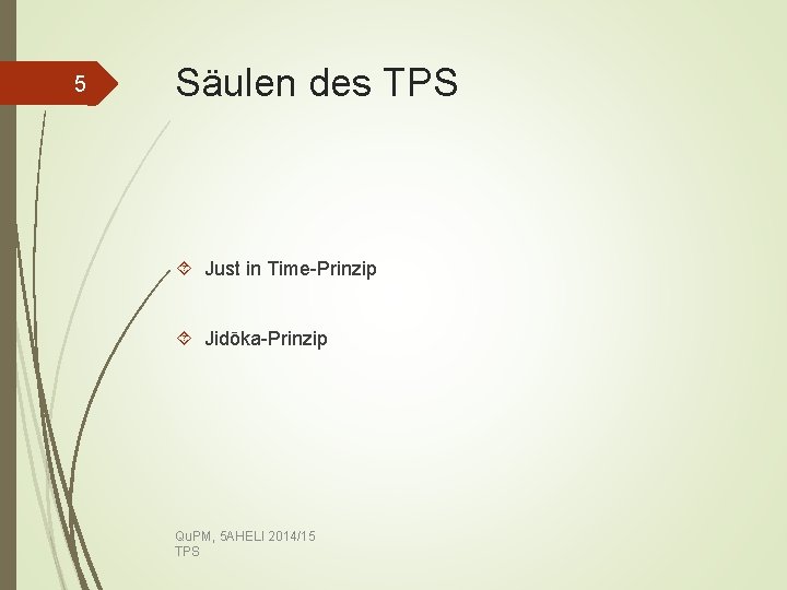 5 Säulen des TPS Just in Time-Prinzip Jidōka-Prinzip Qu. PM, 5 AHELI 2014/15 TPS