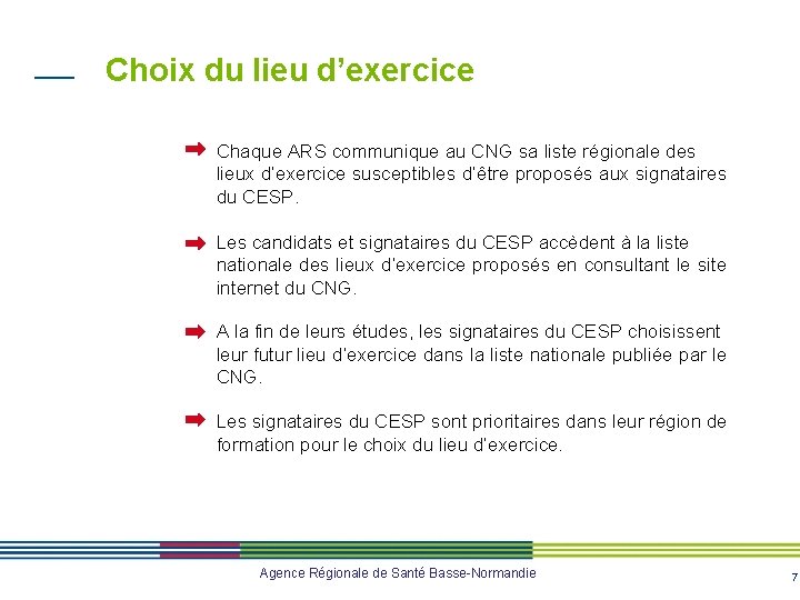 Choix du lieu d’exercice Chaque ARS communique au CNG sa liste régionale des lieux