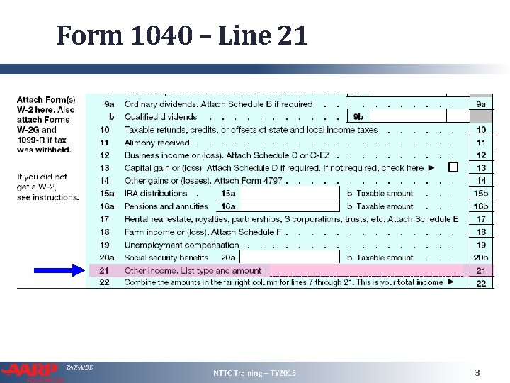 Form 1040 – Line 21 TAX-AIDE NTTC Training – TY 2015 3 