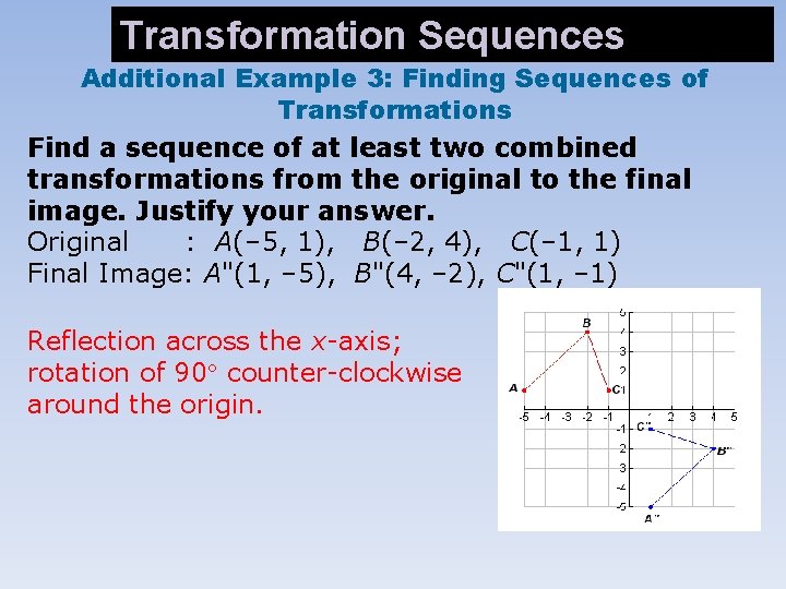 Identifying Combined Transformations Transformation Sequences Additional Example 3: Finding Sequences of Transformations Find a