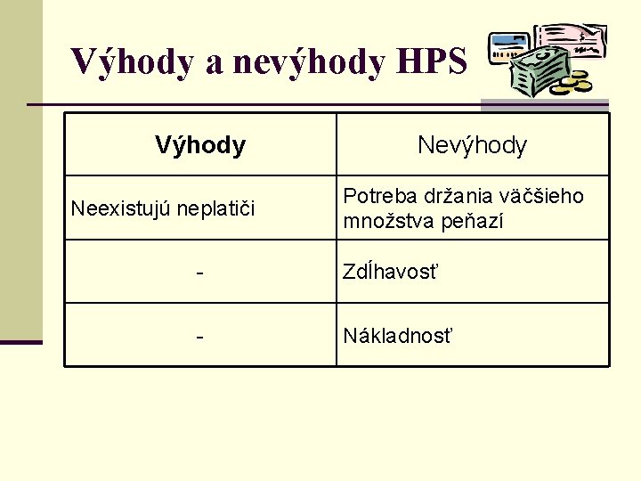 Výhody a nevýhody HPS Výhody Neexistujú neplatiči Nevýhody Potreba držania väčšieho množstva peňazí -