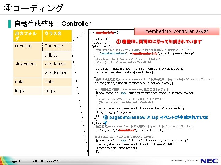 ④コーディング ▐ 自動生成結果：Controller 出力フォル ダ クラス名 common Controller Url. List viewmodel View. Model View.