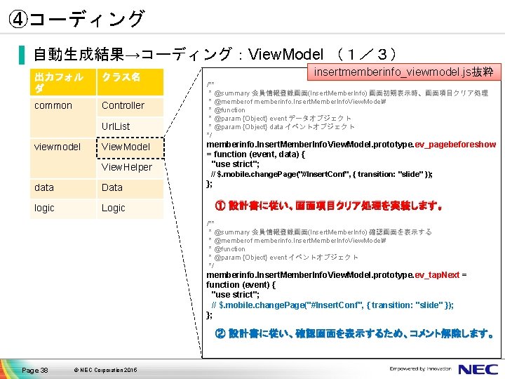 ④コーディング ▐ 自動生成結果→コーディング：View. Model （１／３） 出力フォル ダ クラス名 common Controller Url. List viewmodel View.