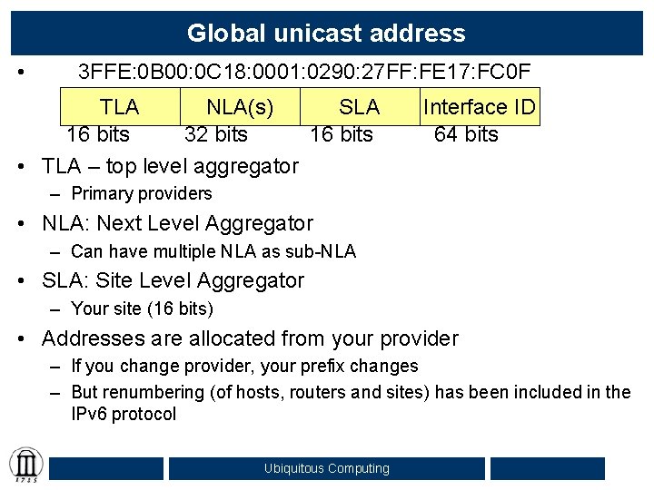 Global unicast address • 3 FFE: 0 B 00: 0 C 18: 0001: 0290: