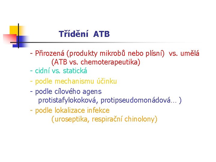  Třídění ATB - Přirozená (produkty mikrobů nebo plísní) vs. umělá (ATB vs. chemoterapeutika)
