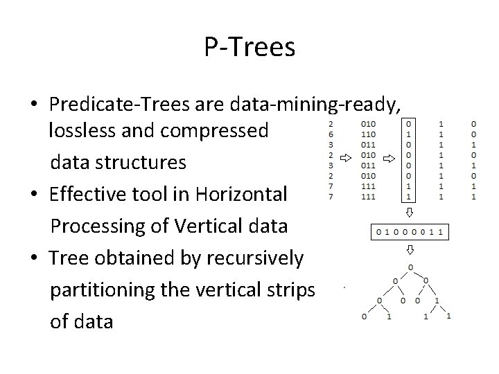 P-Trees • Predicate-Trees are data-mining-ready, lossless and compressed data structures • Effective tool in