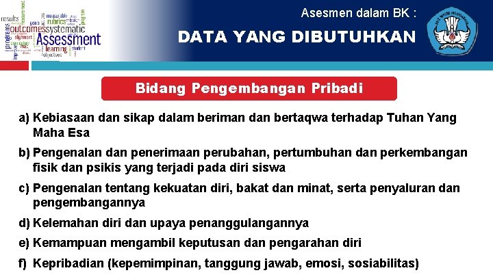 Asesmen dalam BK : DATA YANG DIBUTUHKAN Bidang Pengembangan Pribadi a) Kebiasaan dan sikap