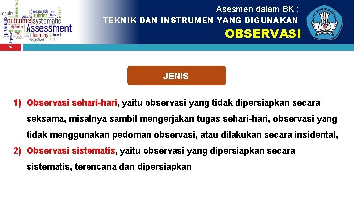 Asesmen dalam BK : TEKNIK DAN INSTRUMEN YANG DIGUNAKAN OBSERVASI 26 JENIS 1) Observasi