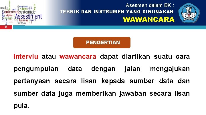 Asesmen dalam BK : TEKNIK DAN INSTRUMEN YANG DIGUNAKAN WAWANCARA 55 PENGERTIAN Interviu atau