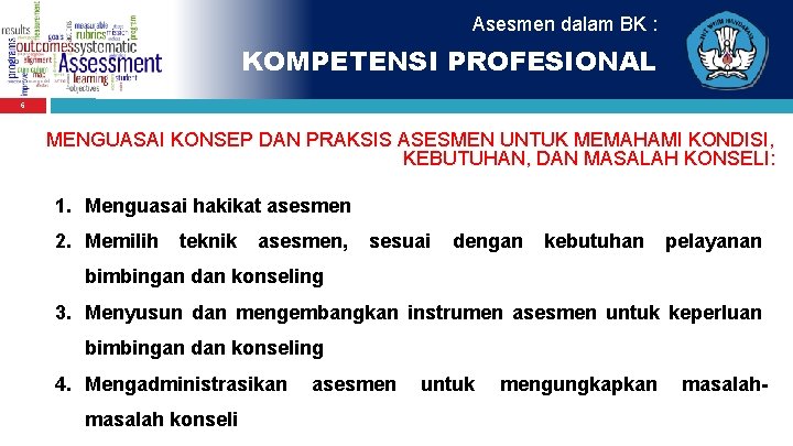 Asesmen dalam BK : KOMPETENSI PROFESIONAL 6 MENGUASAI KONSEP DAN PRAKSIS ASESMEN UNTUK MEMAHAMI