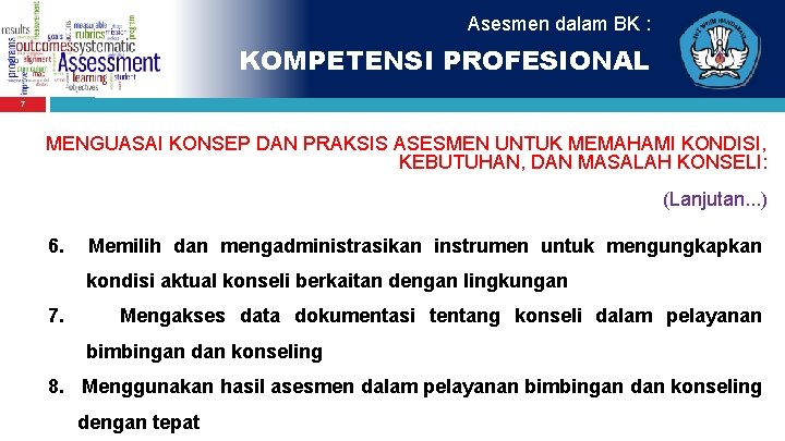 Asesmen dalam BK : KOMPETENSI PROFESIONAL 7 MENGUASAI KONSEP DAN PRAKSIS ASESMEN UNTUK MEMAHAMI