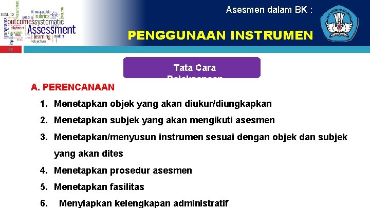 Asesmen dalam BK : PENGGUNAAN INSTRUMEN 99 A. PERENCANAAN Tata Cara Pelaksanaan 1. Menetapkan