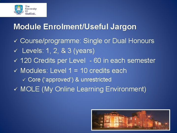 Module Enrolment/Useful Jargon ü ü Course/programme: Single or Dual Honours Levels: 1, 2, &